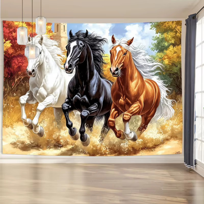 VIKAMA Wandbehang mit galoppierenden Pferden in Herbstwald-Optik, mehrfarbige Textil-Tapisserie als moderne Wanddekoration, B/H: 60 x 40 cm - Bild 4