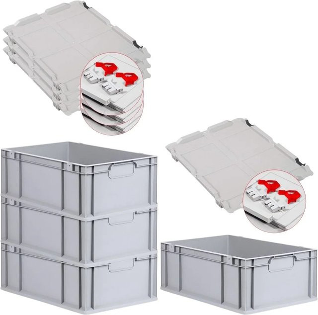PROREGAL Spar Set 4x Eurobox Nextgen Economy mit Scharnierdeckel und roten Schiebeschnappverschlüssen, Grau/Rot, H x B x T: 22 x 40 x 60 cm - Bild 1