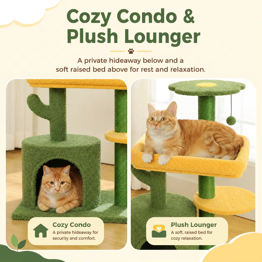 PEQULTI Kaktus-Katzenbaum in Grün mit 4-stufigem Kletterlayout, Katzenhaus, gepolsterten Plattformbetten und Aussichtsplatte - Bild 3