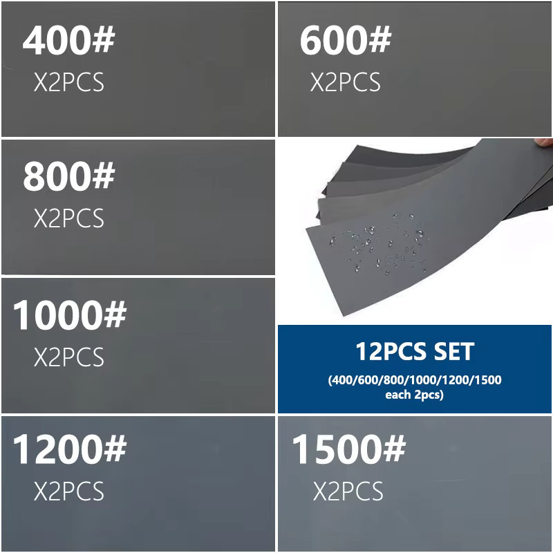 XCAN 12-teiliges Nass- und Trocken-Schleifpapier-Set mit Körnungen 400 bis 1500 für Auto, Metall und Kunststoff - Bild 2