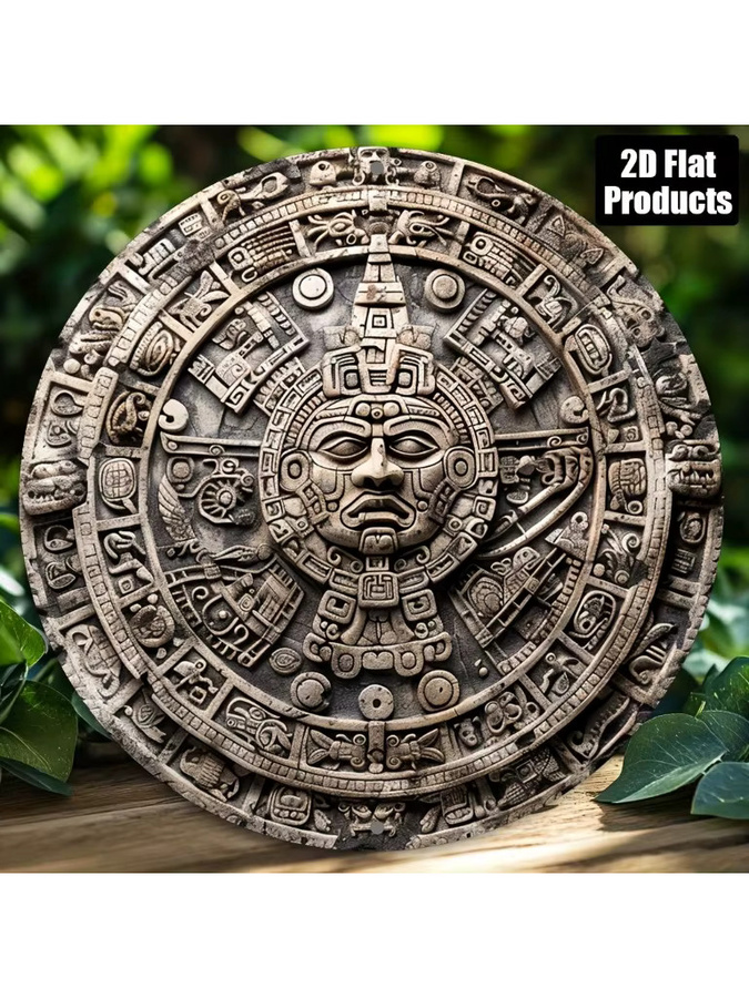 Runde Aluminium-Metallwandkunst von Potdemiel mit Maya-Design und Hieroglyphen, Durchmesser: 20 cm - Bild 5