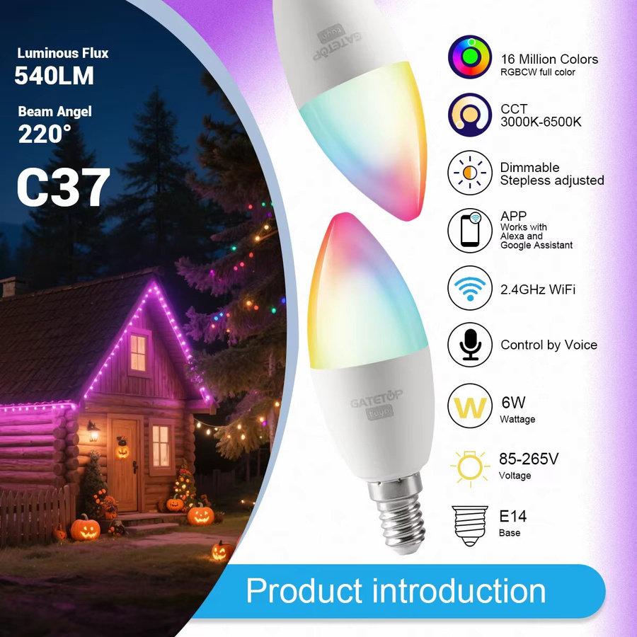 Tuya Smart LED Kerzenlampe E14 WiFi RGBW mit App- und Sprachsteuerung für Alexa und Google Home, 6W - Bild 2