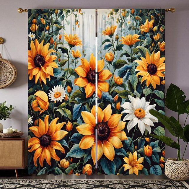 2er-Set Sonnenblumen Vorhang mit digitalem Blumenprint in Gelb und Orange, B: 132 cm, H: 160 cm - Bild 1