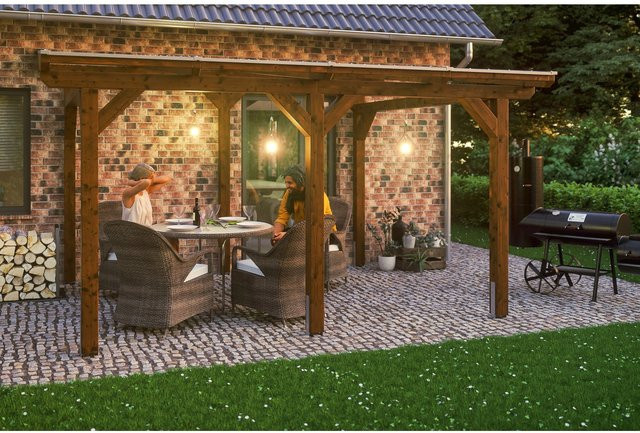 Skan Holz Terrassenüberdachung Siena aus Leimholz in Nussbaum Braun B/T/H: 434 x 300 cm mit Polycarbonat Dach - Bild 1