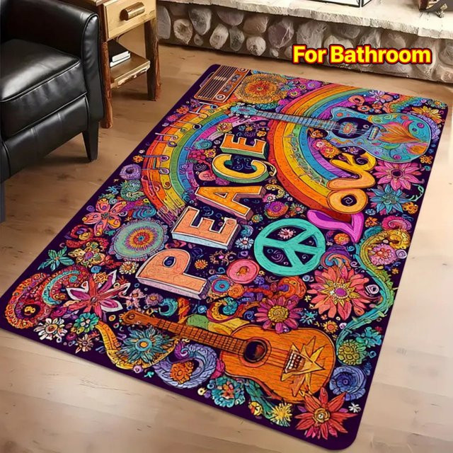 VIKAMA Hippie Peace & Love Teppich, bunter Boho-Teppich mit Regenbogen- und Gitarren-Print, rutschfest und waschbar, Multicolour - Bild 1