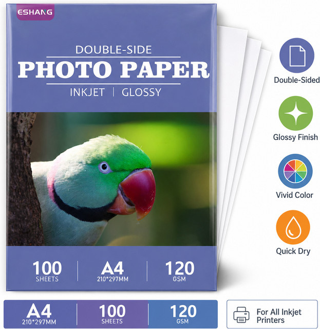 ESHANGA Doppelseitiges Fotopapier A4, 100 Blatt, Glänzend, Weiß, 120 g/m², für Inkjet-Drucker - Bild 1