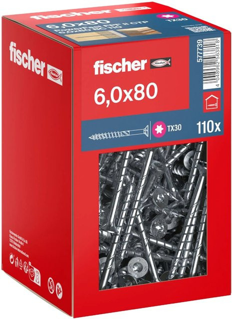 Fischer PowerFast II Senkkopf Teilgewinde Schraube mit Torx-Antrieb aus verzinktem Stahl, Durchmesser: 6 mm, Länge: 80 mm, 110 Stück - Bild 1