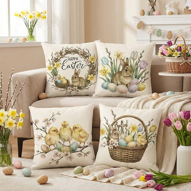 VIKAMA Ostern Kissenbezug aus Velours mit floralem und tierischem Design, mehrfarbig, B/T/H: 30 x 30 x 30 cm - Bild 1