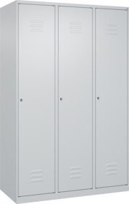 C+P Spind Classic PLUS Garderobenschrank aus Stahl mit 3 Abteilen, Grau, H x B x T: 185 x 120 x 50 cm, mit Zylinderschloss und 4 Garderobenhaken - Bild 1