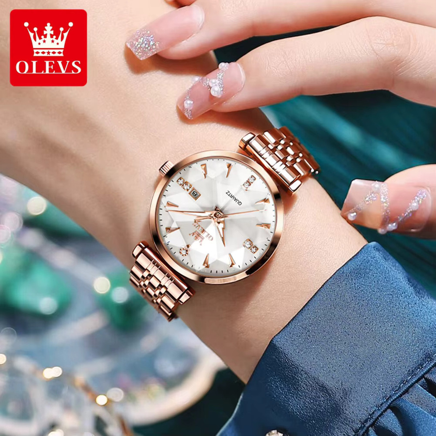 OLEVS Armbanduhr, Analoguhr, Edelstahl, Roségold, Weiß, Zirkonia, Damen - Bild 3