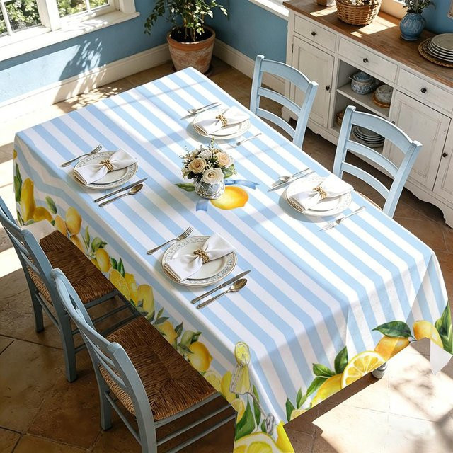 JINGYUE Pet Tischdecke mit Zitronenmuster und blau-weißem Streifendesign, wasserabweisend und waschbar, B/T: 140 x 140 cm - Bild 1