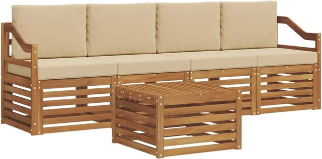 vidaXL Sofagarnitur aus Massivholz Akazie in Natur und Beige mit Kissen und Tisch im modernen Latten-Design - Bild 1