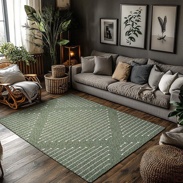 JGJG Boho-Teppich mit geometrischem Linienmuster in Dunkelgrün, Weiß und Grau, rutschfest und waschbar, B/T: 80 x 50 cm - Bild 1