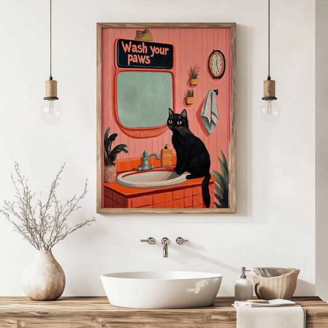 Retro Katzenposter Wash Your Paws von SHENCHEN in Pink für deine Badezimmer Wandkunst - Bild 1