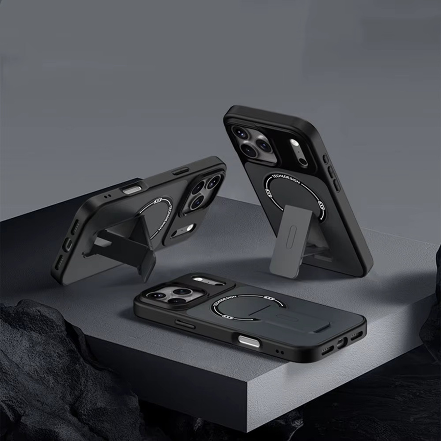 Magnetische MagSafe Klapphalterung und stoßfeste Schutzhülle für iPhone 17 16 15 14 13 Pro Max in Schwarz und Orange - Bild 2