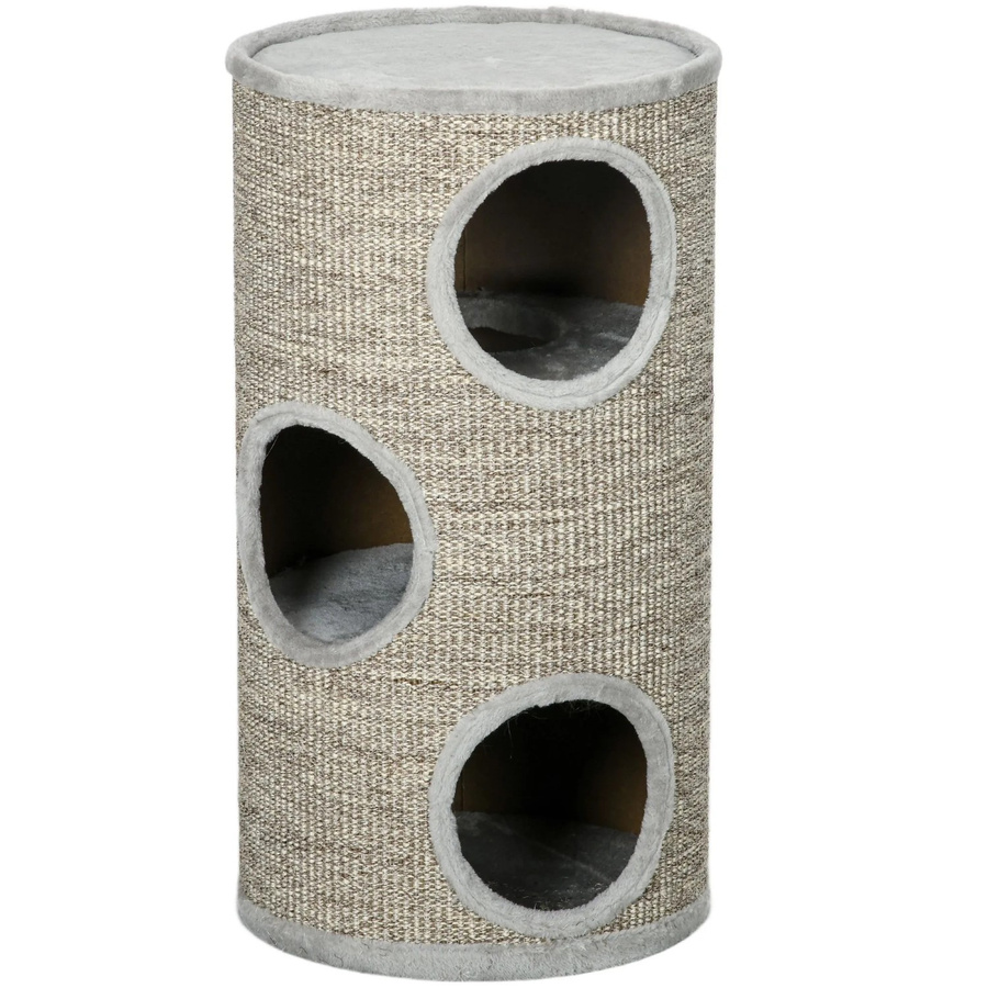 PawHut Kratztonne für Katzen mit 3 Höhlen aus Sisal und Plüsch, Grau, B/T/H: 38 x 38 x 70 cm - Bild 3