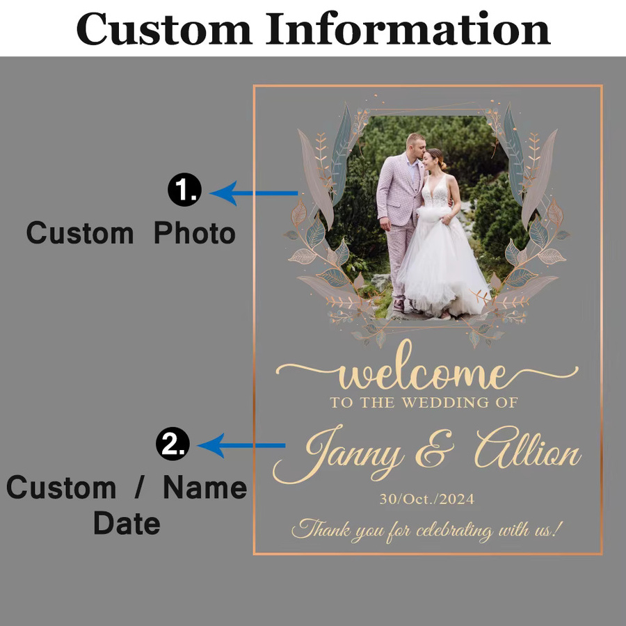 Personalisiertes Acryl-Hochzeitsschild Welcome to Wedding mit Foto, Name und Datum, transparente Tischdekoration für Hochzeit, Geburtstag oder Verlobung, rechteckig - Bild 4