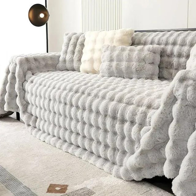 Luxuriöses Sofatuch aus Kaninchen-Plüsch und Samt, flauschige Überwurfdecke für den Winter, Grau, B/T: 180 x 130 cm - Bild 1