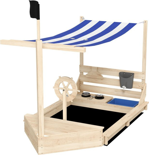 Outsunny Sandkasten aus Holz in Schiff Design mit Abdeckung und Küchenspielset, Farbe: Braun, B/T/H: 180 x 103 x 144,5 cm - Bild 1