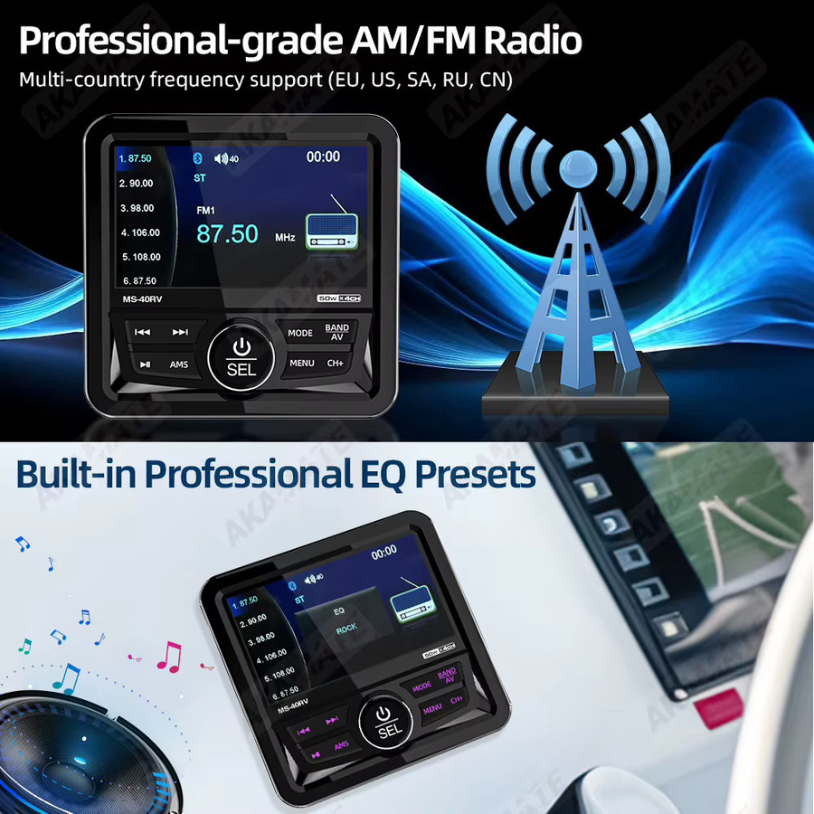 AKAMATE MP5 Marine Radio Stereo Square Boot Lautsprecher mit Bluetooth, FM/AM Antenne und IPX5 Wasserdichtigkeit in Schwarz - Bild 2