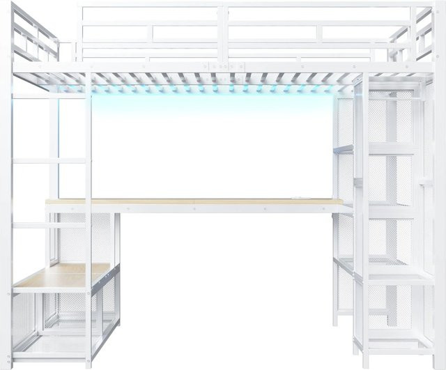 Merax Hochbett aus Metall und MDF mit Kleiderschrank, LED-Beleuchtung und USB-Ladeport, Weiß, B/T/H: 208 x 140 x 148 cm - Bild 1