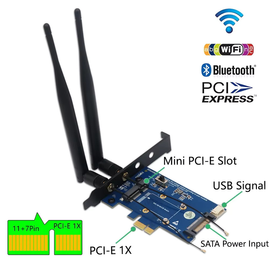 T.F.SKYWINDINTL PCI Express 1X zu Mini PCI-E Wireless Adapter Konverter Karte mit SIM Slot und 2 Antennen für 4G 3G LTE WWAN GSM Modem, Wifi und Bluetooth in Blau - Bild 2