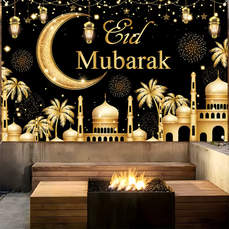 VIKAMA Eid Mubarak Wandteppich in Schwarz-Gold, islamischer Wandbehang mit Typografie und Mond-Motiv für Party und Dekoration - Bild 2