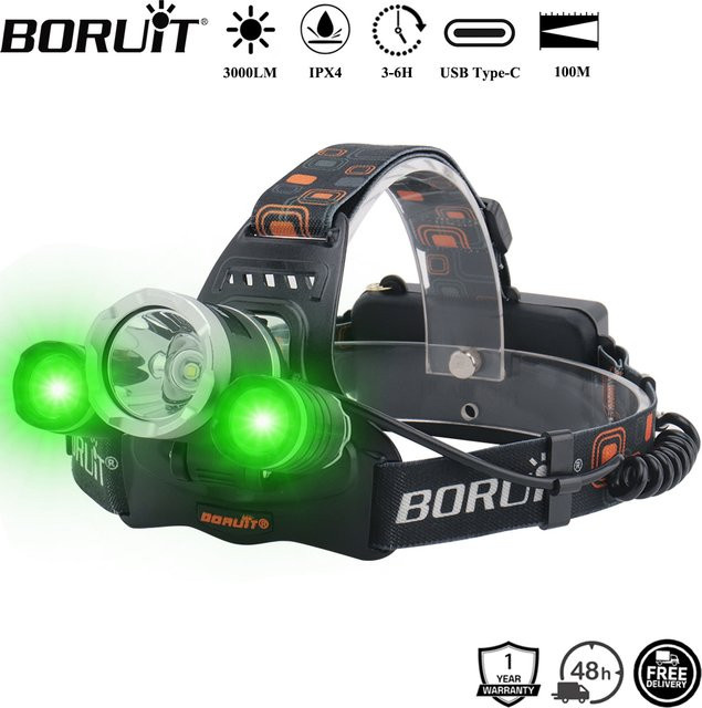BORUiT RJ-3000 LED-Stirnlampe in Grün und Schwarz mit 3000 lm, wiederaufladbarer USB-Typ-C-Scheinwerfer, wasserdicht für Camping und Angeln - Bild 1