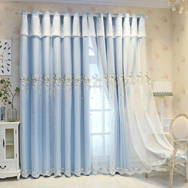 WTEMPO Verdunkelungsvorhang aus Chenille in Blau, einfarbig bestickt, B: 150 cm, H: 270 cm - Bild 1