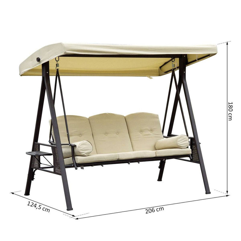 Outsunny 3-Sitzer Hollywoodschaukel mit Sonnendach und Kissen, Metall und Polyester, Beige-Braun, B/T/H: 208 x 120 x 172 cm - Bild 7