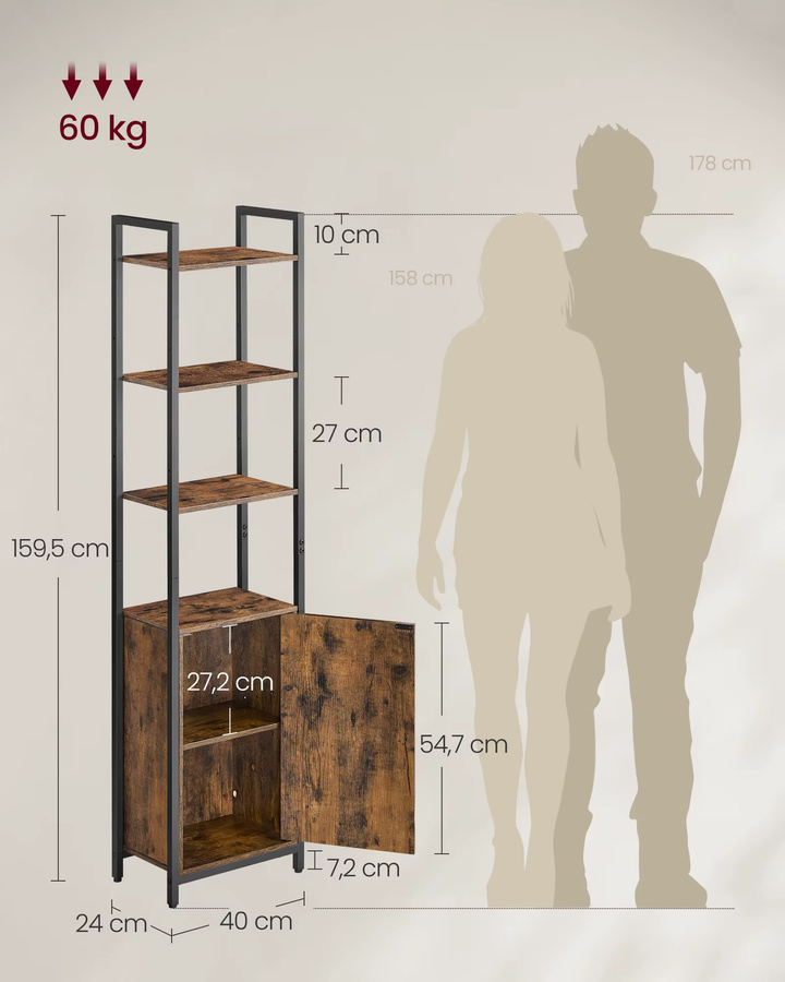 VASAGLE Bücherregal mit Türen und offenen Regalfächern, Braun-Schwarz, H x B x T: 159,5 x 40 x 24 cm - Bild 3