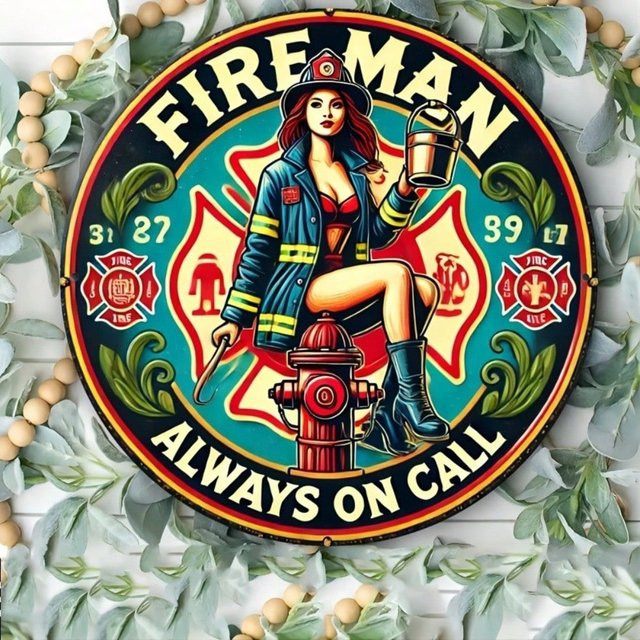 CIFBUY Vintage Feuerwehrmann-Blechschild, runde Metall-Wanddekoration im Retro-Stil, Mehrfarbig, Durchmesser: 20,3 cm - Bild 1