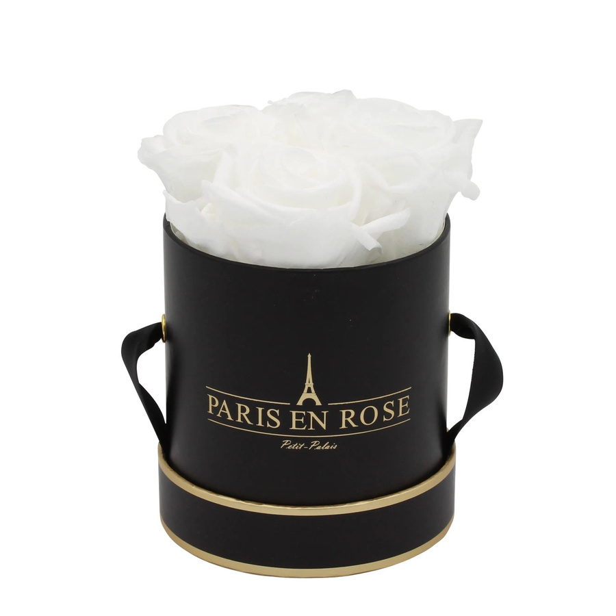 PARIS EN ROSE Rosenbox Schwarz-Gold mit 4 weißen Rosen, Durchmesser: 10 cm - Bild 2