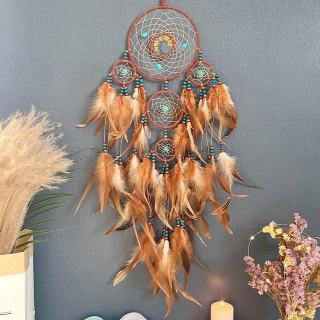 SEEQS Traumfänger Retro mit 5 Ringen und Naturstein als Wandbehang in Brown - Bild 1