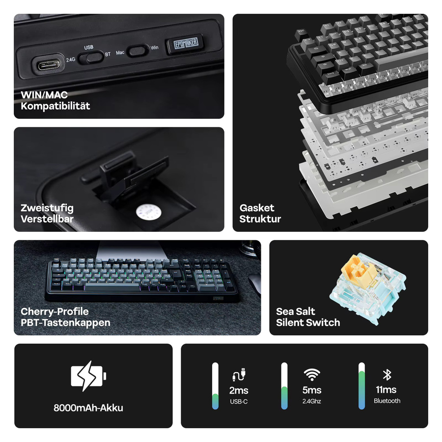 EPOMAKER TH99 Mechanische Tastatur mit QWERTZ Layout, 96% Dreifachmodus Kabellos, Schwarz, 8000mAh Akku - Bild 2