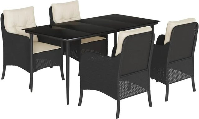 vidaXL 5-teilige Garten-Essgruppe aus schwarzem PE-Rattan mit Hartglas-Tisch und Kissen für Terrasse und Garten - Bild 1