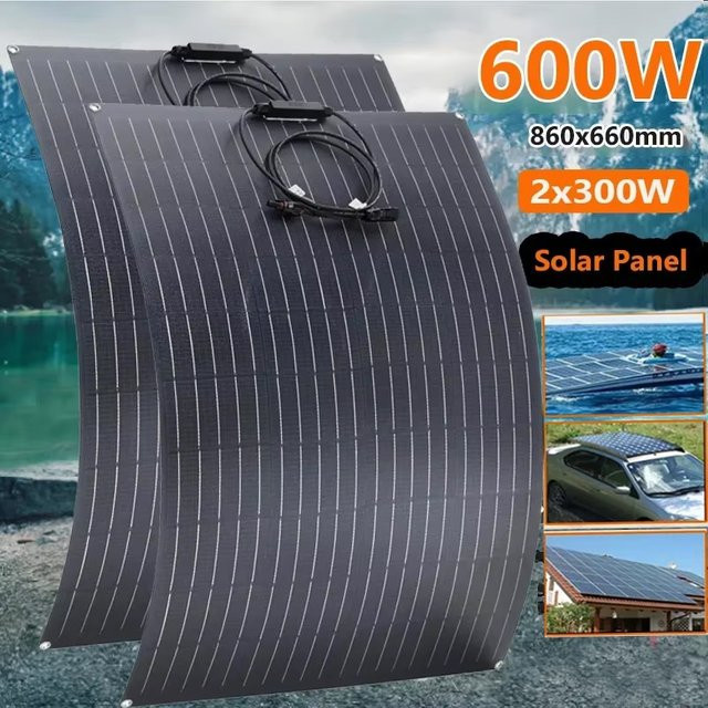 Luxuglow Solarpanel-Set mit flexiblem monokristallinen Solarzellen und Ladegerät, 600 W / 300 W, 18 V, Schwarz, ideal für Camping, Wohnmobil, Yacht und Boot - Bild 1