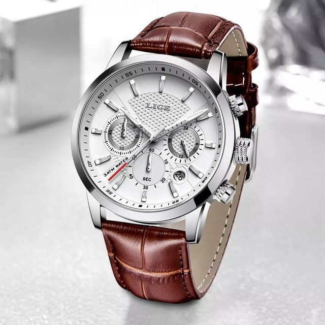 LIGE Chronograph, Quarz, Leder, Herren, Datum, Silber, Edelstahl - Bild 1
