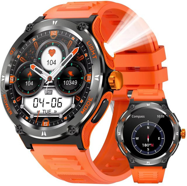 EIGIIS Smartwatch KT76 für Herren in Orange mit 1,53 Zoll Display, Kompass, LED-Taschenlampe, Herzfrequenzmessung, Schlafanalyse und Bluetooth, 3ATM wasserdicht - Bild 1