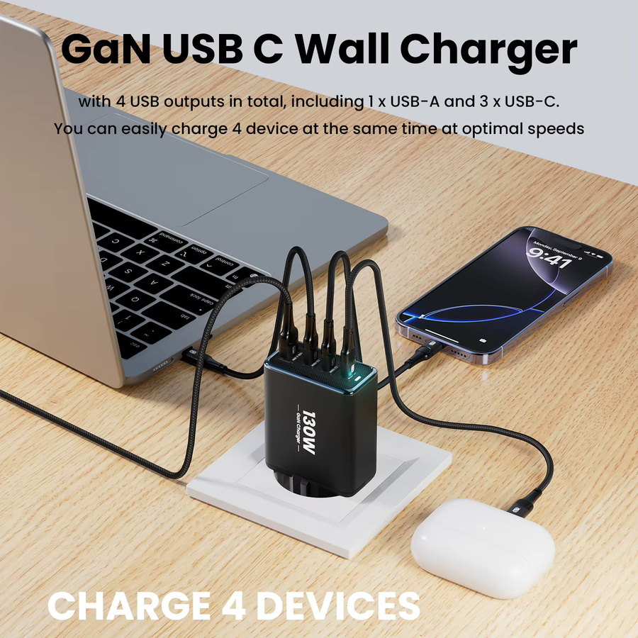 TOPZERO USB Typ C Ladegerät 130 W mit 4 Ports, PD3.0 und QC4.0 Schnellladung, Schwarz - Bild 5