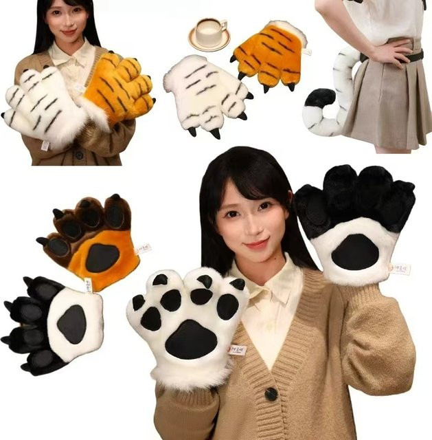 pangcangshu 2D-Tier-Serie Krallen Plüsch Handschuhe, Tiere, Schwarz, Bunt / Mehrfarbig - Bild 1