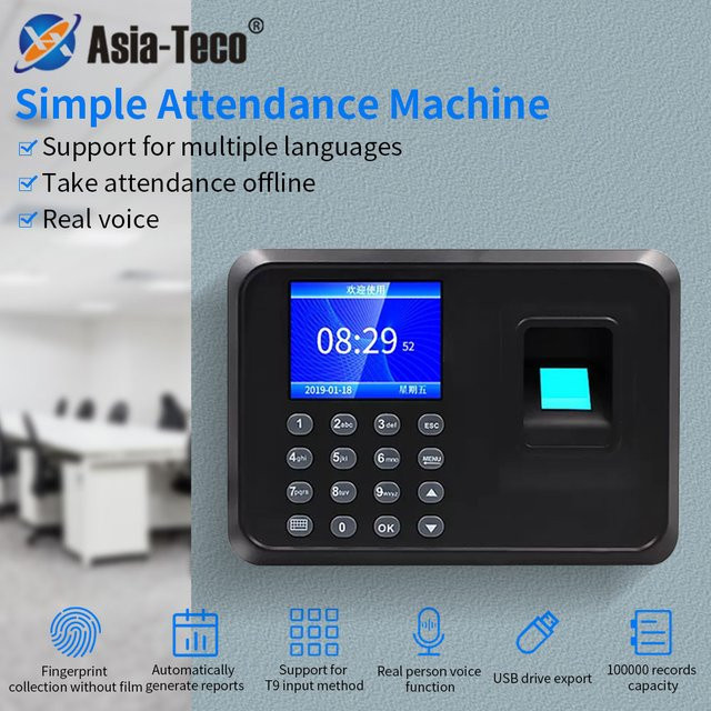 Asia-Teco A5 Biometrischer Fingerabdruck Scanner zur Zeiterfassung für Mitarbeiter, Intelligente Stechuhr mit USB-Datenverwaltung, Schwarz - Bild 1