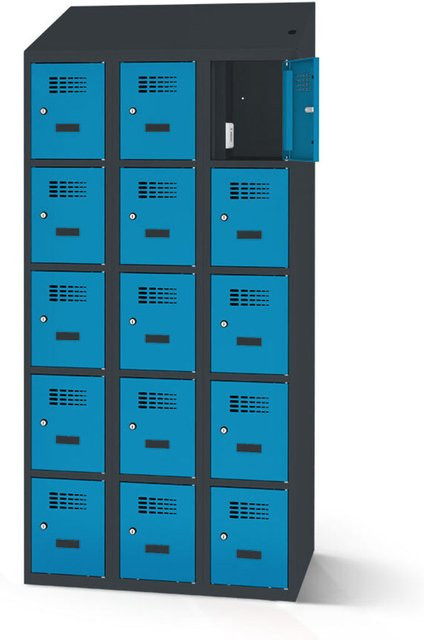 rotstahl Fächerschrank mit Ladefunktion aus Stahlblech in Blau mit anthrazitgrauem Korpus, B: 90 cm, H: 200 cm - Bild 1