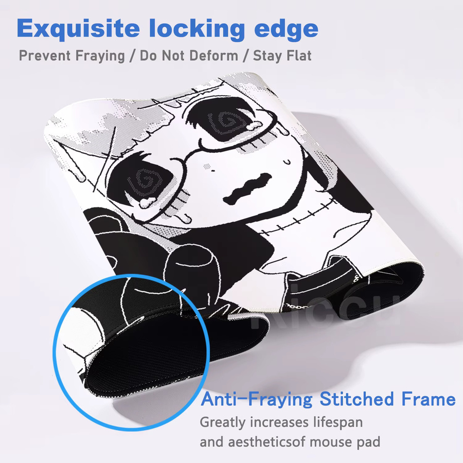 Riccu XXL Anime-Mädchen Mauspad Schwarz-Weiß, rutschfestes Kawaii Schreibtisch-Mauspad mit Verriegelungskante - Bild 2
