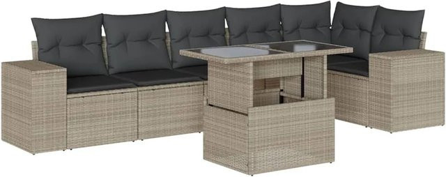 vidaXL 7-teilige Garten-Sofagarnitur in L-Form mit Kissen und Couchtisch, Anthrazit/Grau, Poly Rattan und Metallgestell - Bild 1