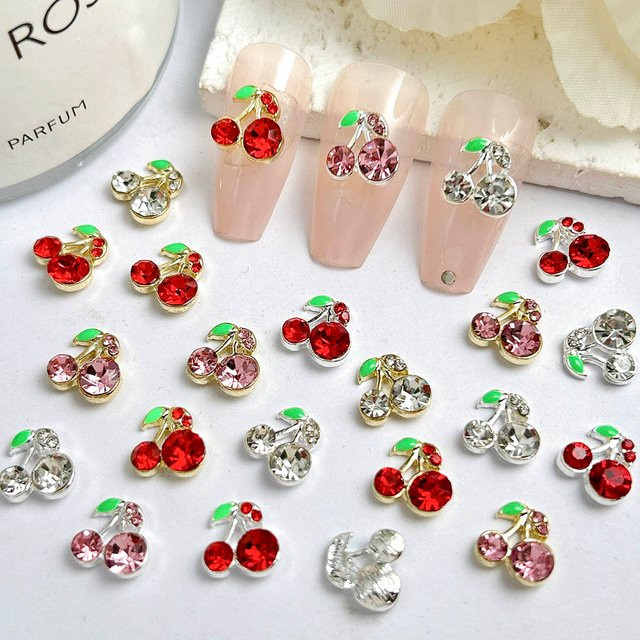 20er Set Kirsch Nagel-Charms, 3D Kirsche Strass in Gold und Silber - Bild 1