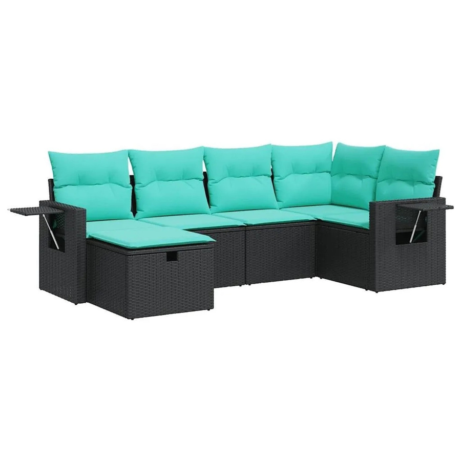 vidaXL 6-teilige Garten-Sofagarnitur aus Poly-Rattan in Schwarz mit blauen Polsterkissen und Ottoman, L-Form für Terrasse und Garten - Bild 1