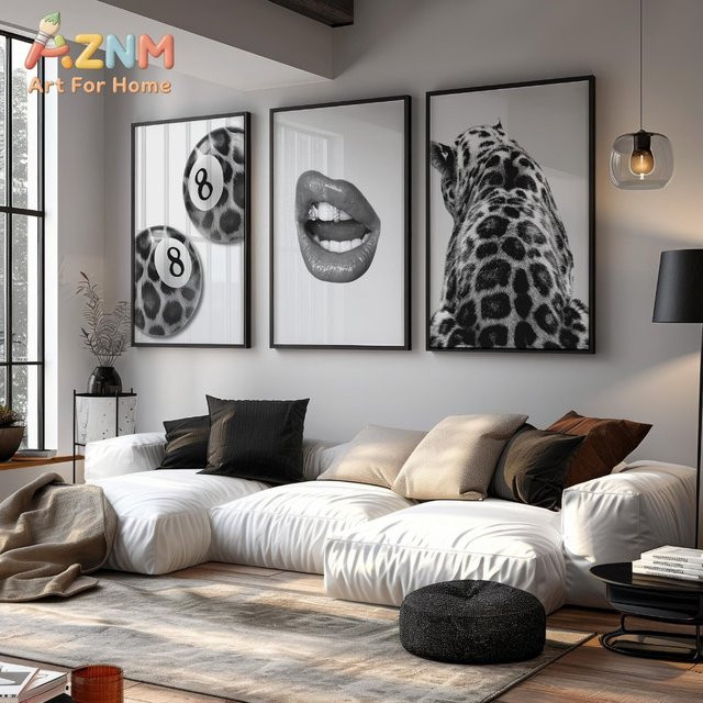 AZNM Leinwandbild mit Leopardenmuster und Lippen im Y2K-Stil, Schwarz-Weiß, abstraktes Grafikdesign für dein Wohnzimmer, Rahmenlos - Bild 1