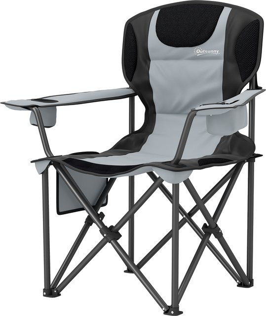 Outsunny Klappbarer Campingstuhl mit Polsterung und Kühltasche, Hellgrau - Bild 1