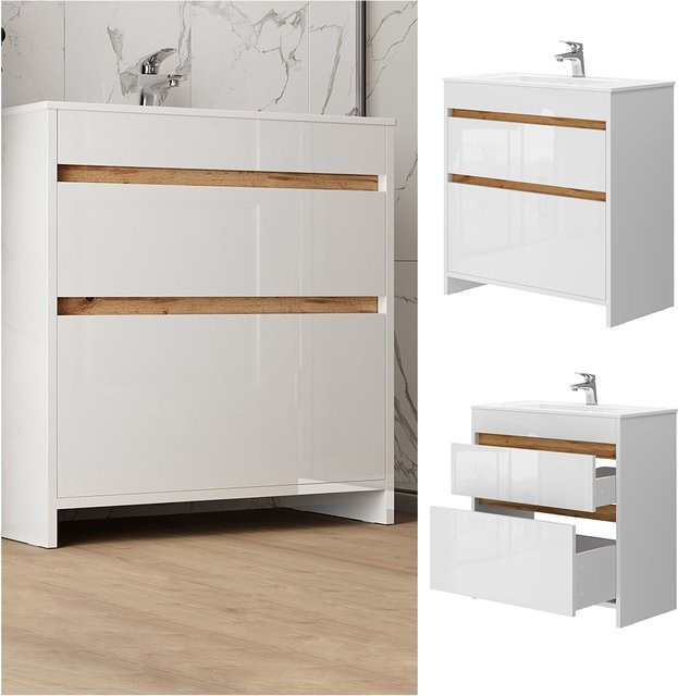 Vicco Badmöbel-Set Detmold Waschbecken mit Unterschrank in Weiß glänzend, Breite: 80 cm - Bild 1